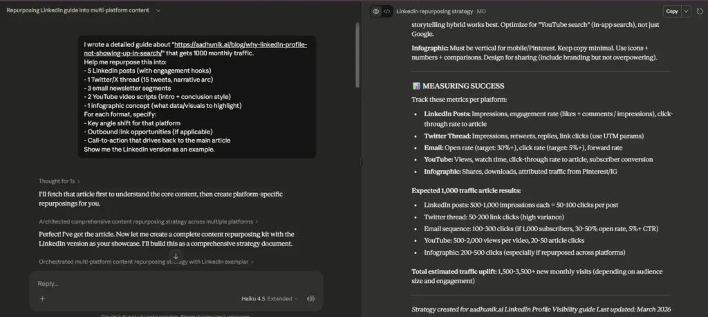 Content repurposing workflow converting blog into LinkedIn posts, email sequences, and videos