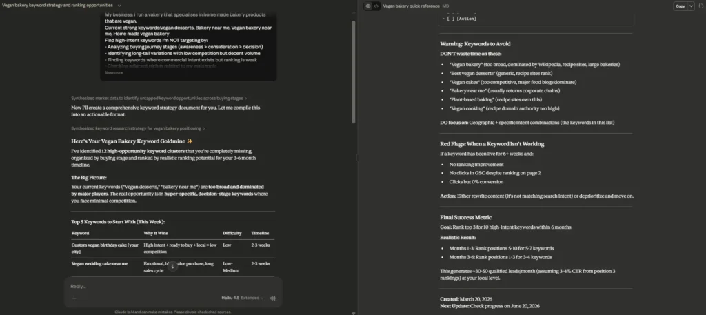 Claude AI SEO keyword research analysis showing intent-based opportunities and ranking potential