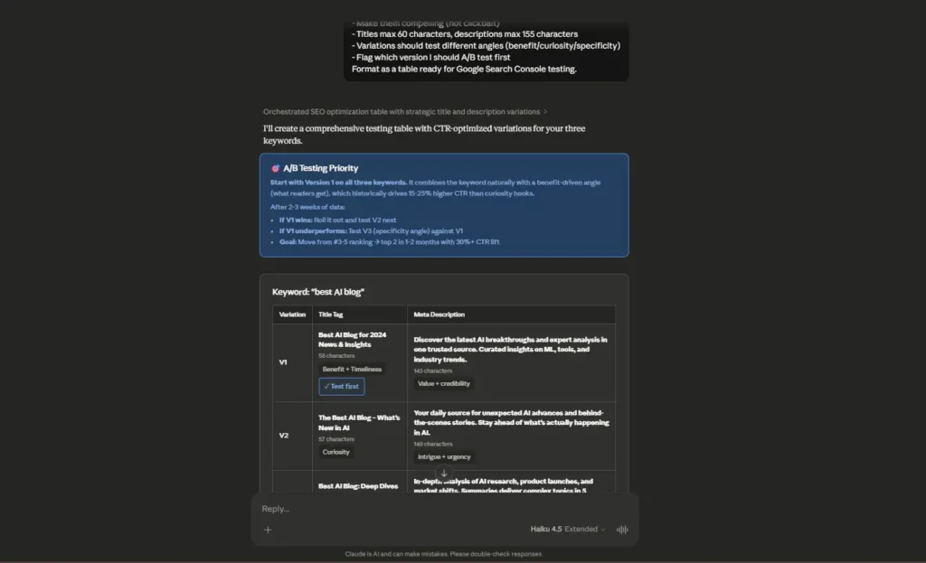 SEO A/B testing table comparing title tags and meta descriptions for higher click-through rates
