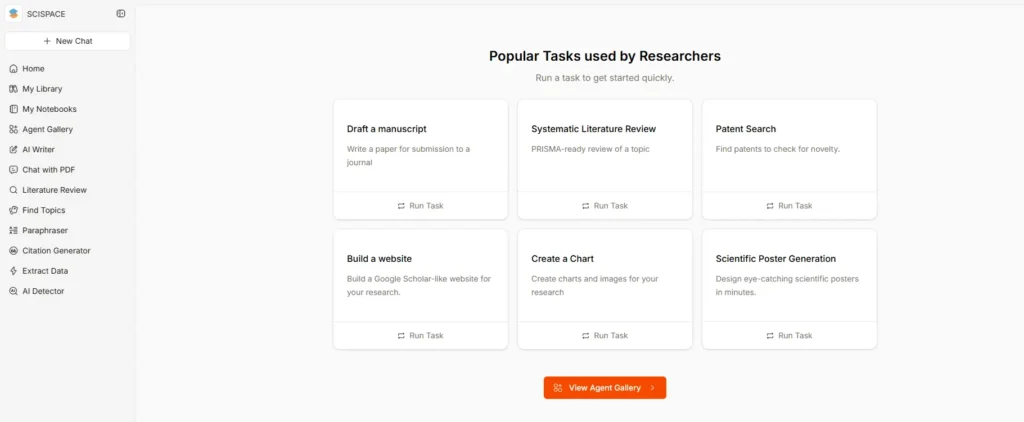 SciSpace dashboard showing research tasks like literature review, manuscript drafting, and data extraction for academic work.