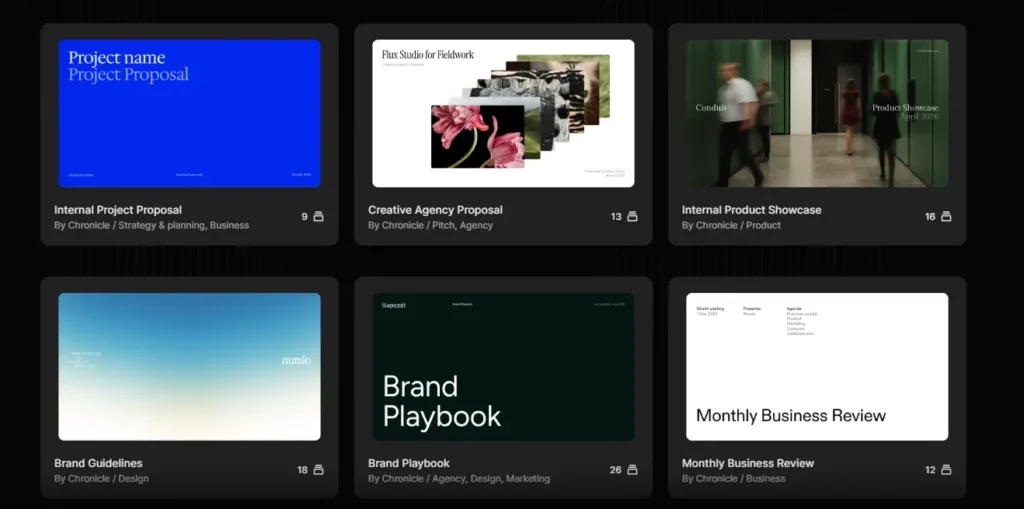 Chronicle AI deck examples including sales reports, business reviews, and internal presentations