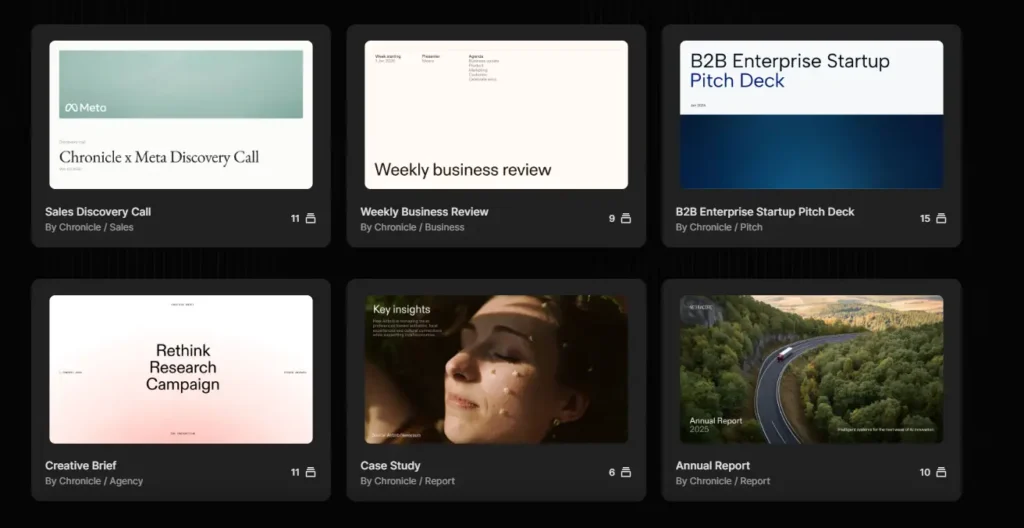 Chronicle AI professional presentation layouts for enterprise strategy, reports, and pitch decks