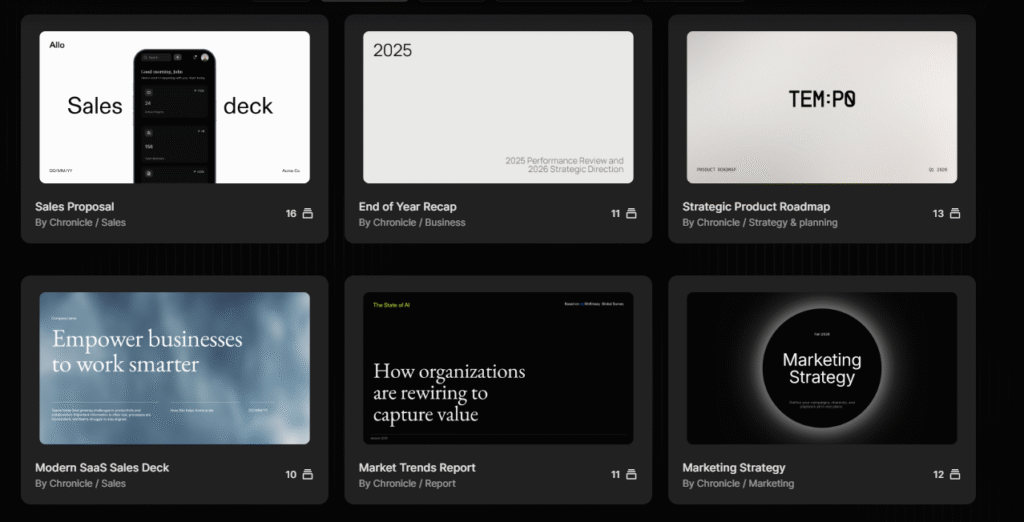 Chronicle AI presentation templates for sales, marketing, reports, and business strategy workflows