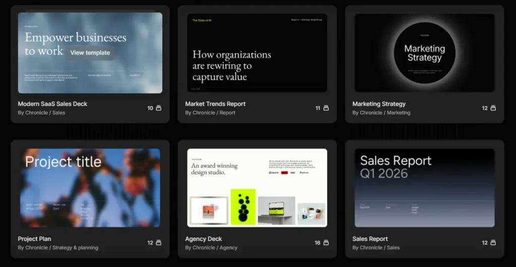 Chronicle AI presentation templates for sales, marketing, reports, and business strategy workflows