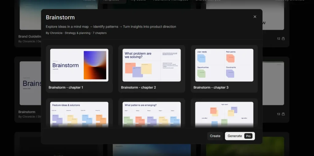 Chronicle AI brainstorming interface showing structured idea mapping and narrative planning workspace