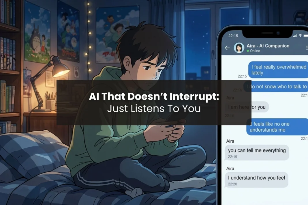 Boy sharing emotions through phone with AI companion chat visible inside screen showing supportive listening responses in a cinematic animated scene.