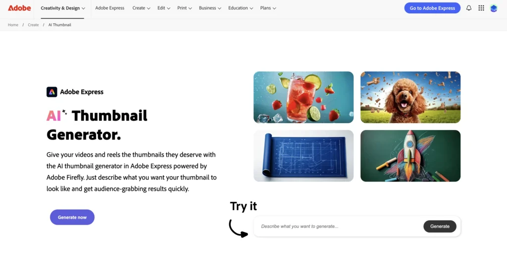 Homepage of Adobe Express featuring thumbnail tools, additionally with customization options.