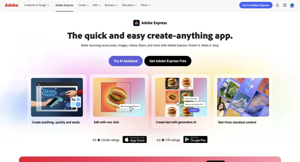 Homepage of Adobe Express displaying design options, additionally with AI tools.