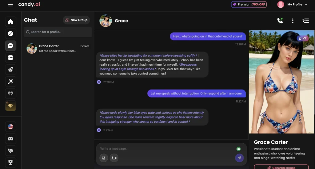 Candy AI interface showing AI companion chat focused on listening and emotional conversation