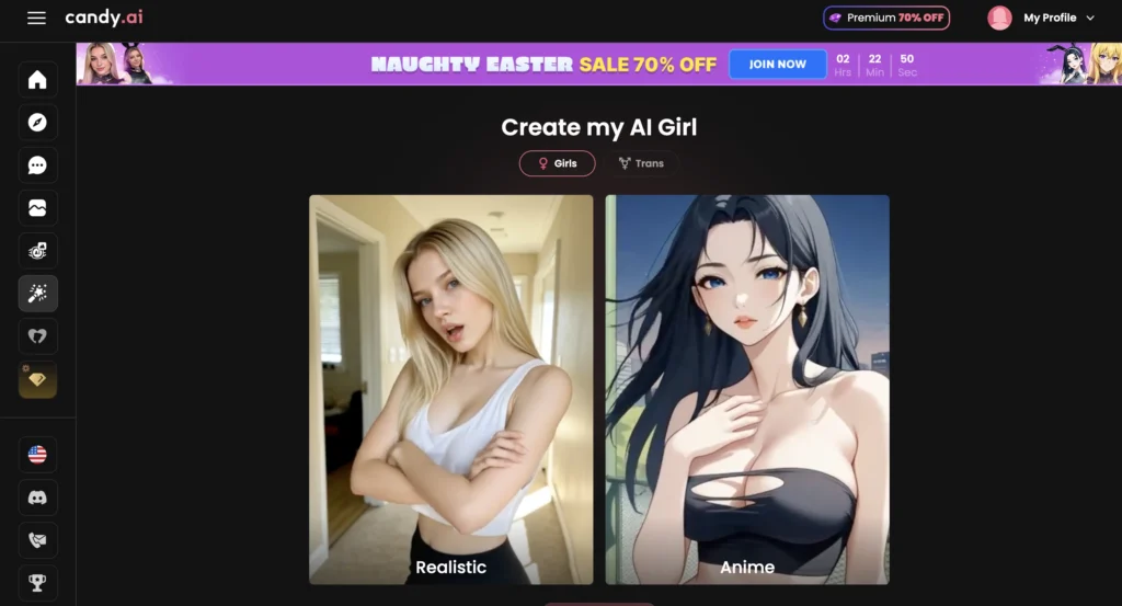 Candy AI homepage showing customizable AI companion 