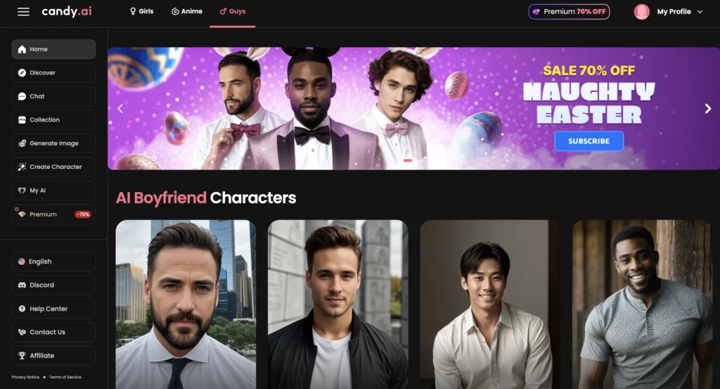 Candy AI app interface showing customization of appearance and personality for a gay AI companion.