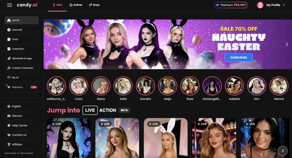 Candy AI app interface with customizable AI companion and chat features