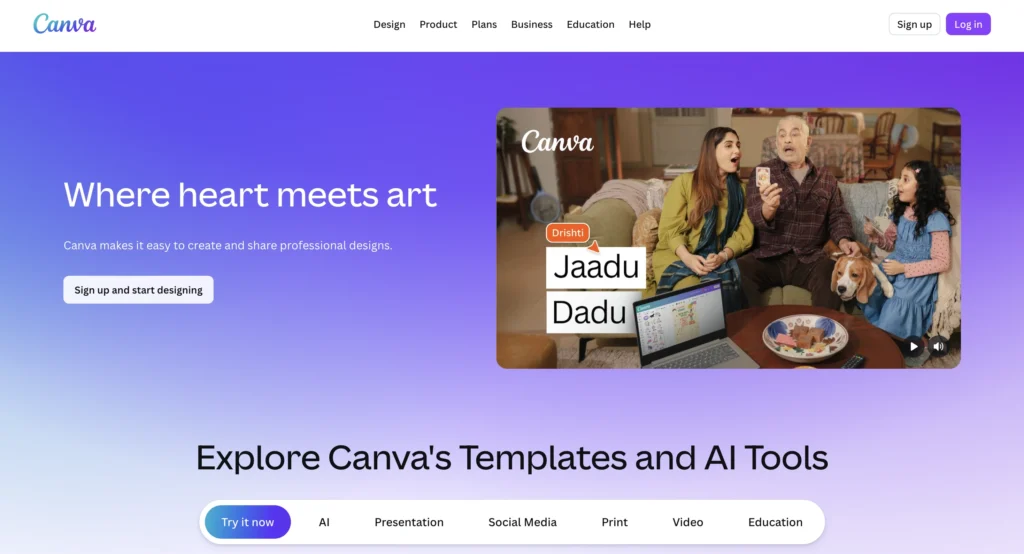 Homepage of Canva showing design dashboard, moreover with templates and AI features.