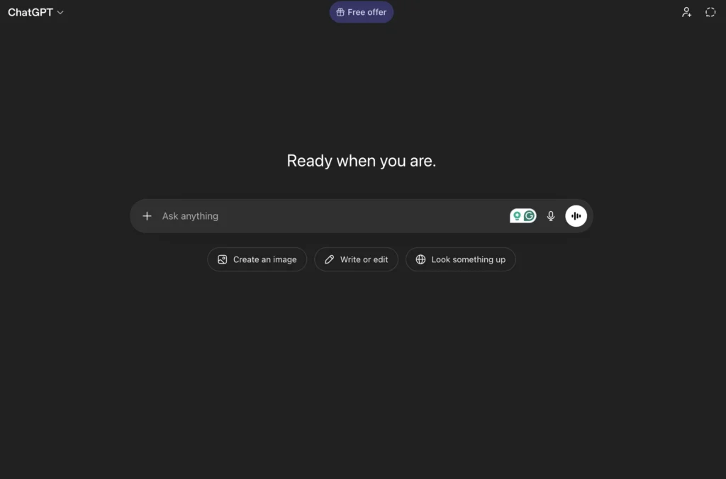 ChatGPT homepage showing AI writing interface
