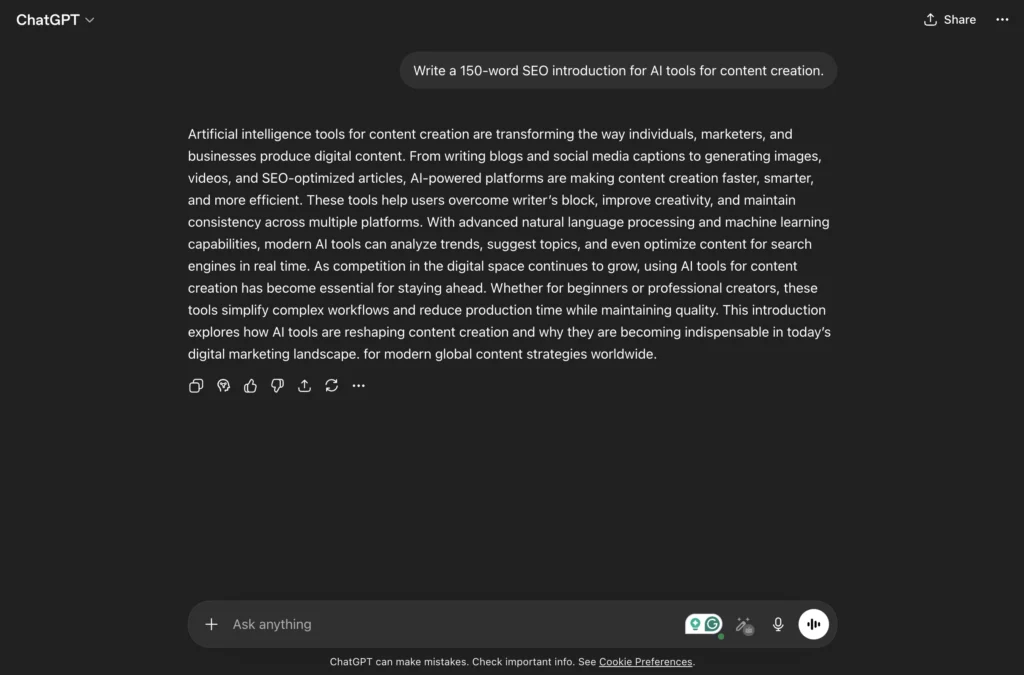 ChatGPT AI writing output displaying natural, conversational blog-style content with SEO-friendly structure.