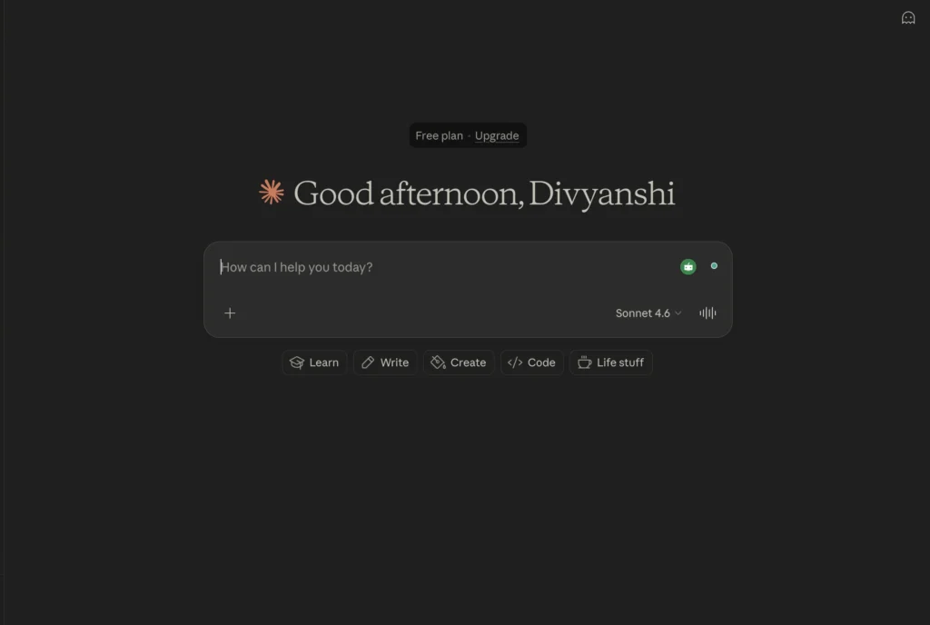 Claude AI homepage showing writing interface