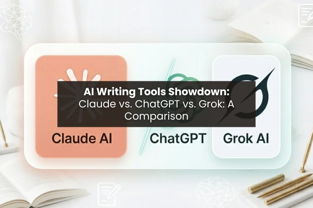 Featured blog image showing Claude, ChatGPT, and Grok logos in a side-by-side AI comparison layout representing content writing tools showdown.
