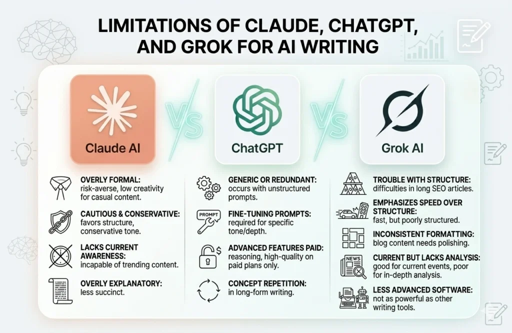 Infographic comparing limitations of Claude, ChatGPT, and Grok including structure, creativity, and real-time awareness differences.