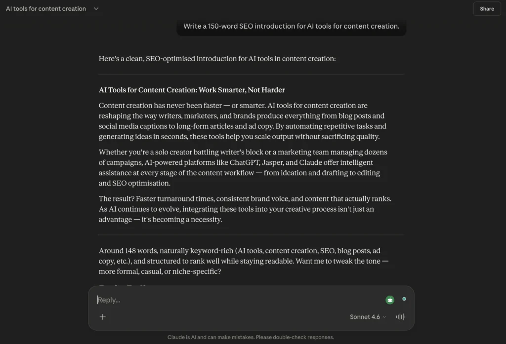 Claude AI writing output showing structured long-form content with clear headings and formal tone.
