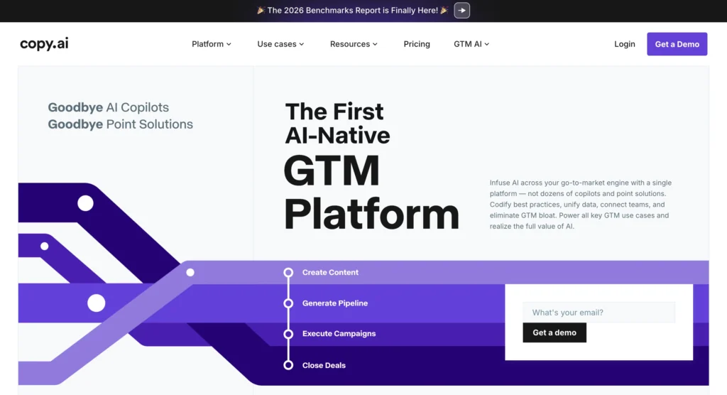 Copy.ai homepage showing AI writing tools