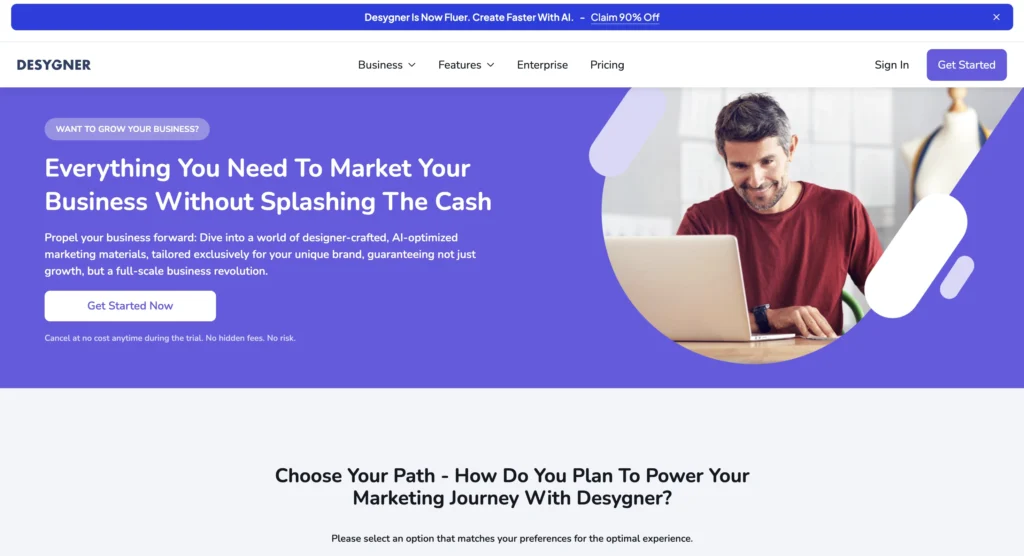 Homepage of Desygner showing editor and templates, meanwhile for quick design creation.