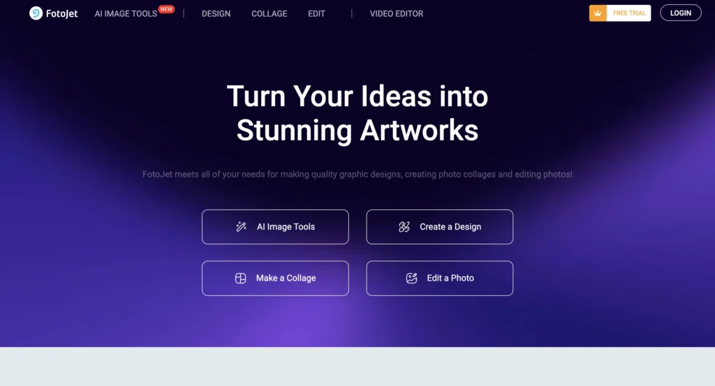 Homepage of FotoJet featuring design and collage tools, therefore for quick thumbnail creation.