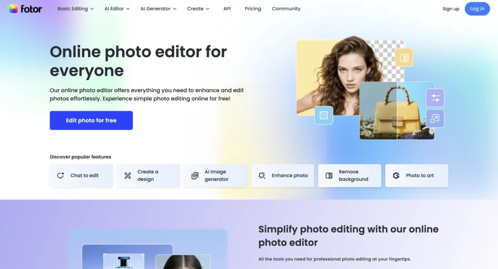 Homepage of Fotor AI displaying photo editing features, therefore for image enhancement.