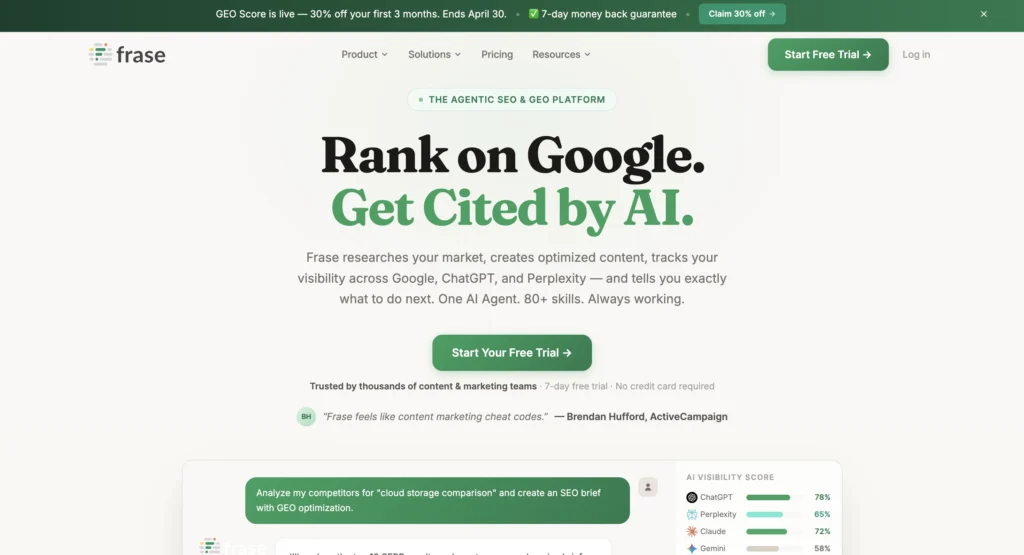 Frase homepage showing content research tools