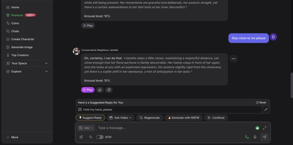GirlfriendGPT chat interface showing slow-paced emotional AI companion conversation.