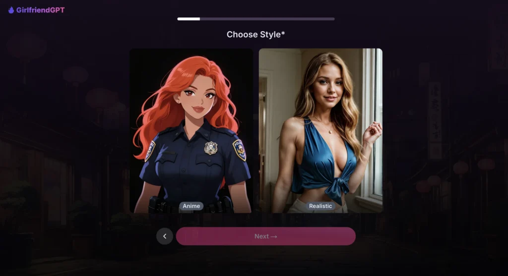 GirlfriendGPT app interface displaying AI companion creation