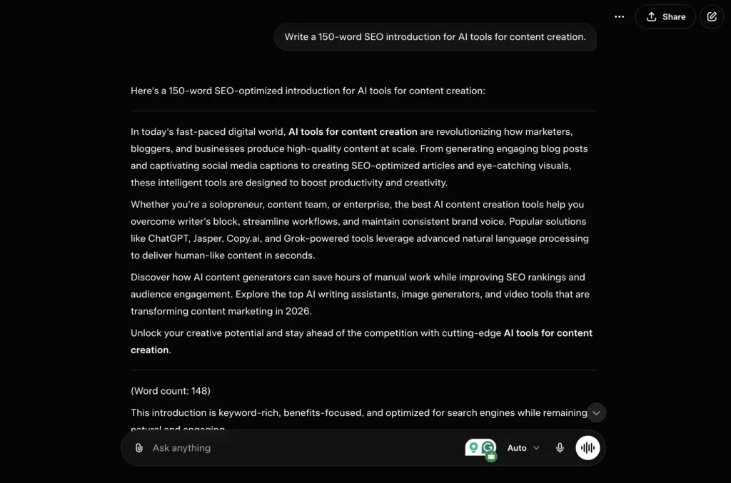 Grok AI writing output showing conversational and real-time style content with informal tone.