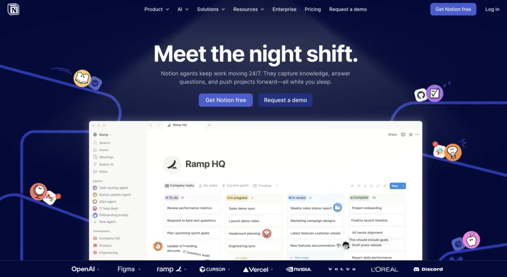 Notion AI homepage showing workspace writing tools