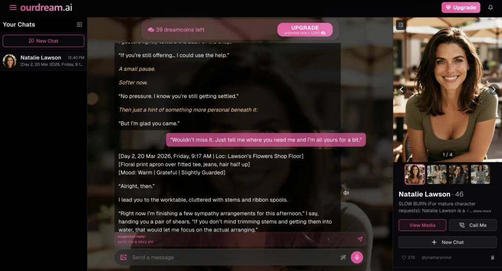 OurDream AI companion showing story-driven conversation with multimedia and contextual responses.