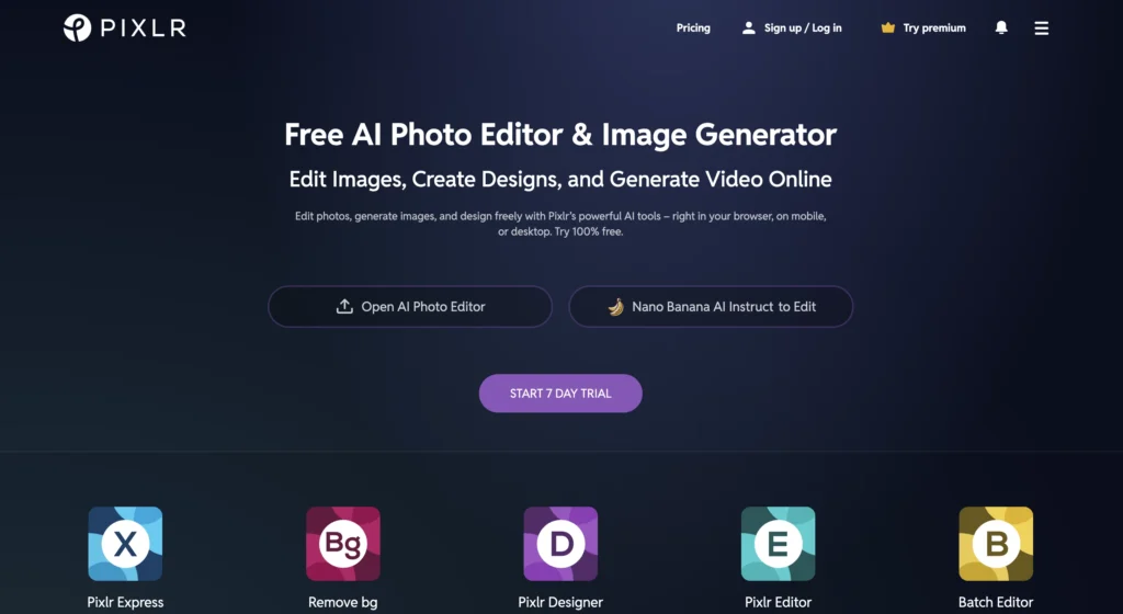 Homepage of Pixlr showing editing dashboard, furthermore for detailed customization.