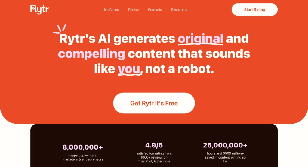 Rytr homepage showing AI writing interface