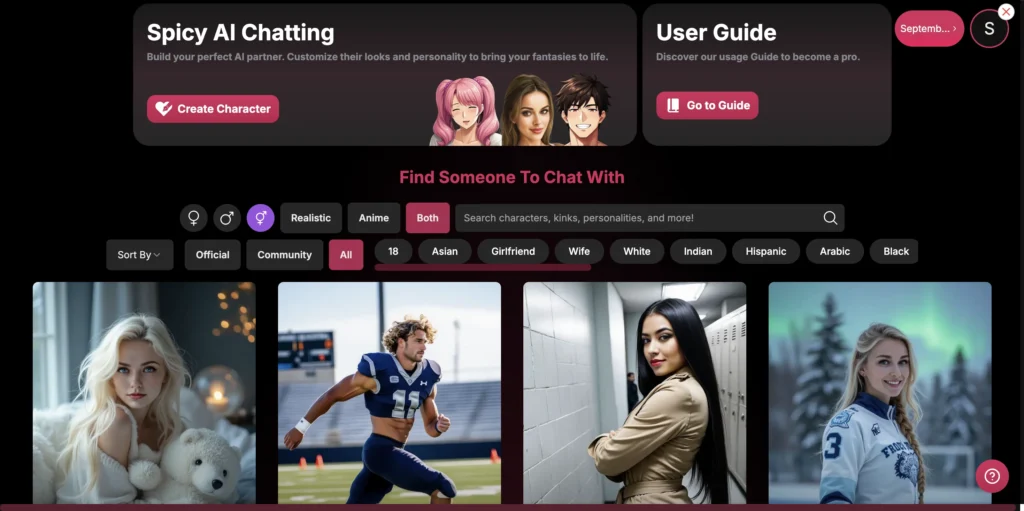 Secret Desires app homepage featuring AI companions