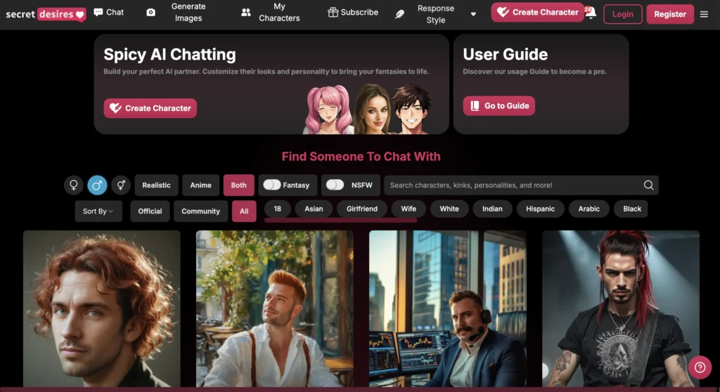 Secret Desires AI app chat interface.