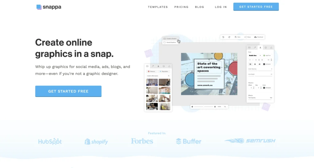 Homepage of Snappa displaying thumbnail templates, meanwhile for fast design creation.