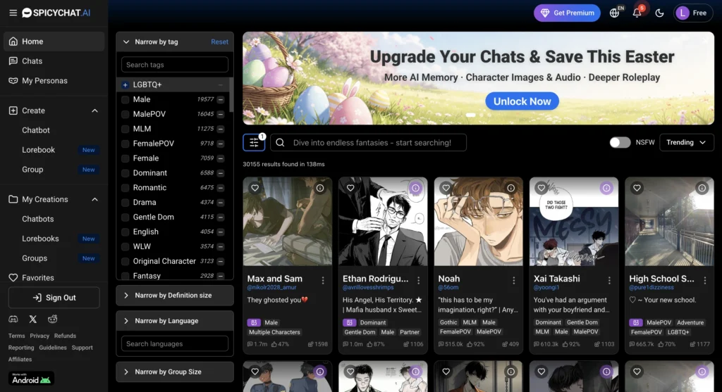 SpicyChat AI app showing multiple personality styles and quick chat responses.