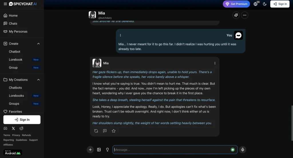 SpicyChat AI companion showing detailed conversation with engaging and expressive responses