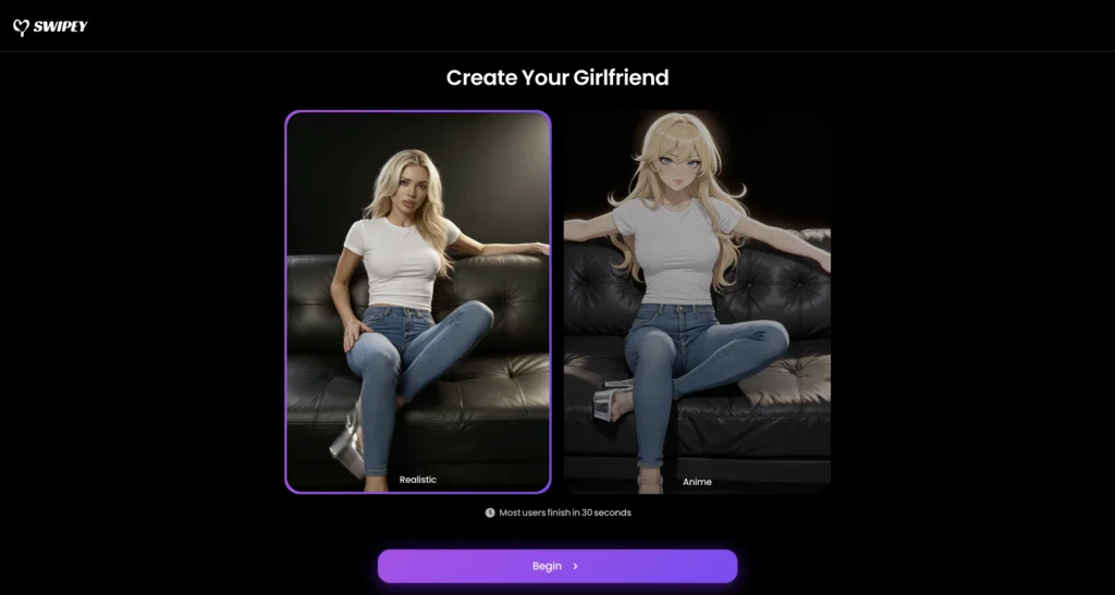 Swipey AI website interface showing mood-based AI companion chat adapting to user emotions.