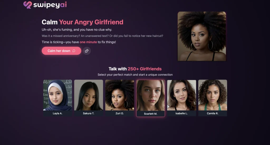 Swipey AI homepage with swipe-based AI companion matching interface