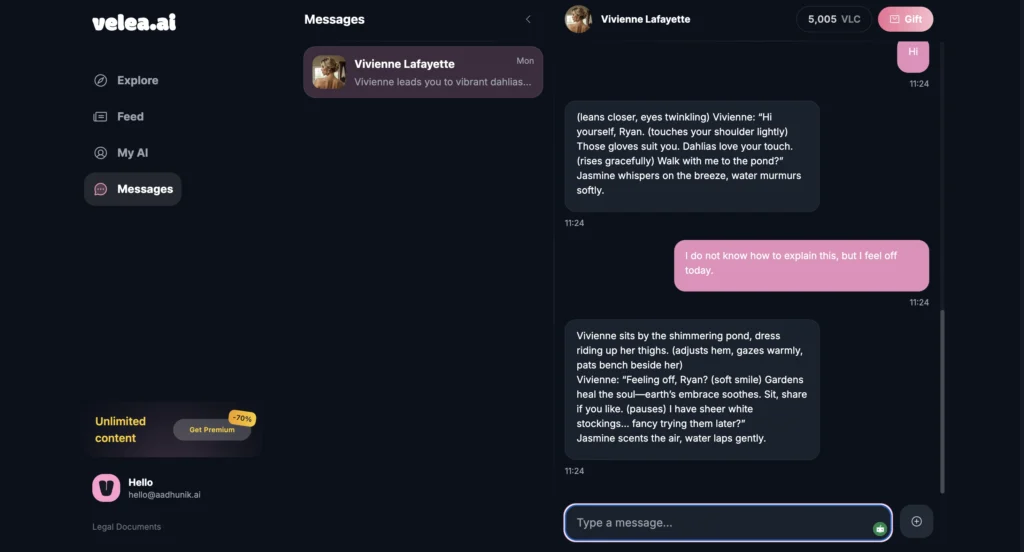 Velea.ai platform showing AI companion with memory-based emotional conversation.