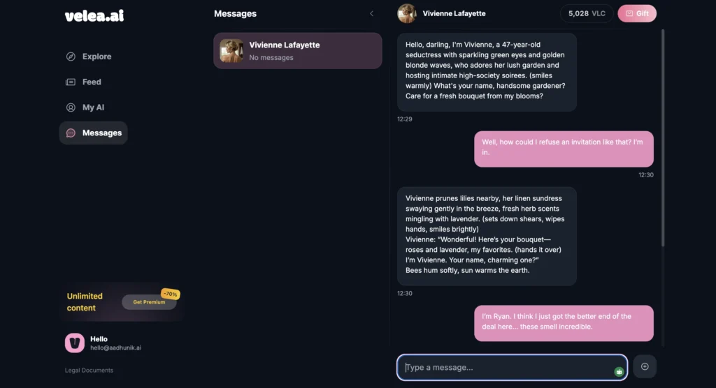 Velea AI companion generating emotional, context-aware replies in a realistic conversation interface