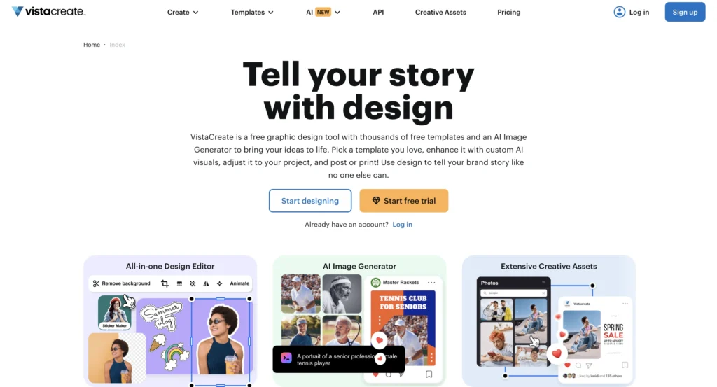 Homepage of VistaCreate featuring templates and animations, furthermore for social media design.