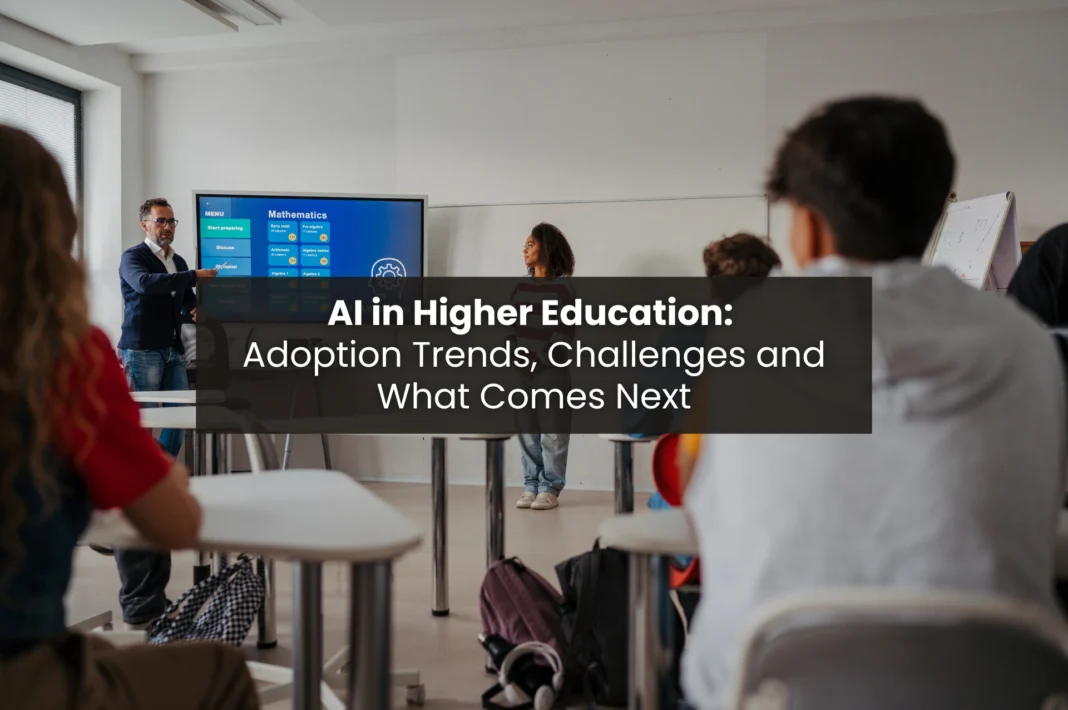 Students and faculty using AI tools on a university campus representing AI in higher education adoption trends in 2026