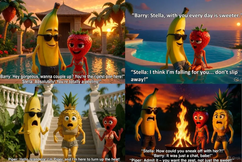 AI-generated fruit characters made with Grok in a colorful, animated style showing a dramatic and surreal scene.