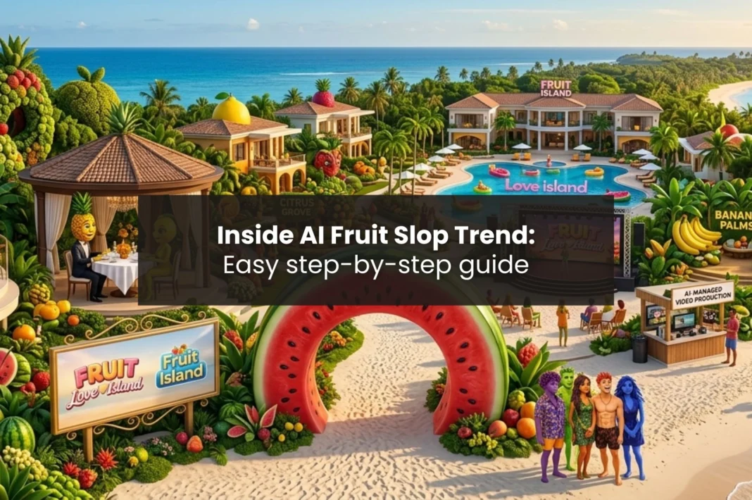 AI-generated fruit characters in a dramatic reality show scene representing the ai slop trend and viral AI fruit videos.