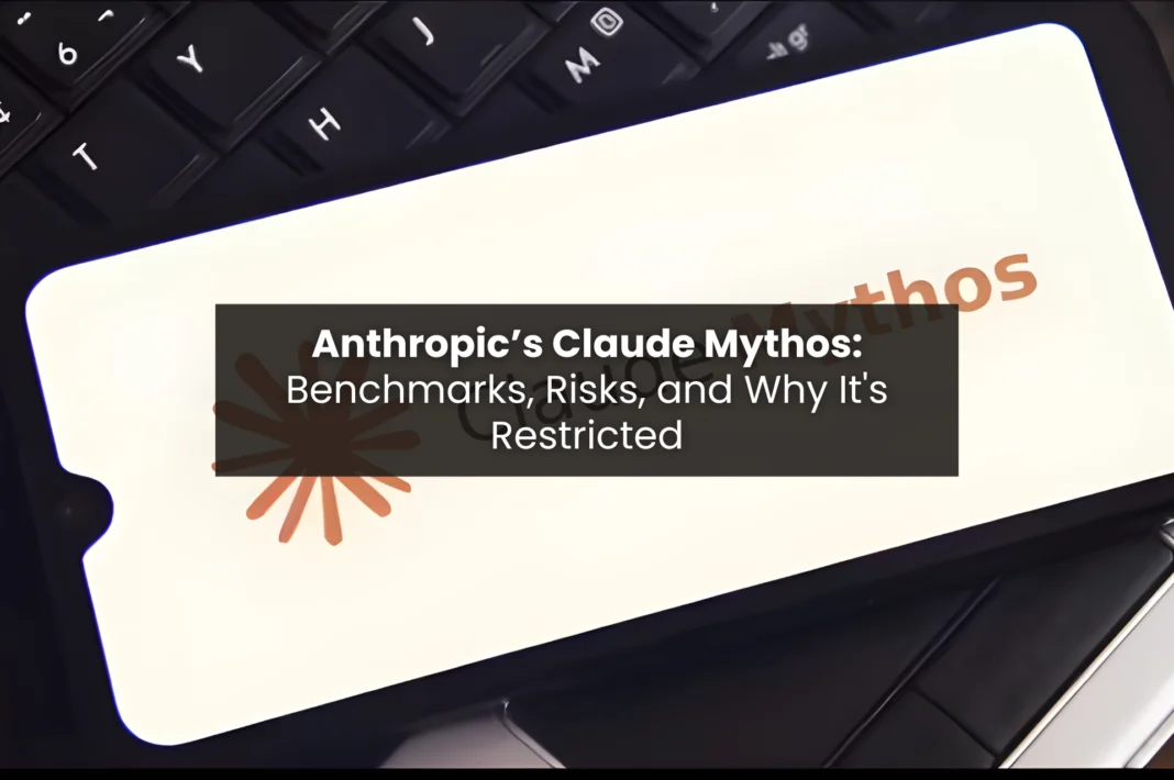 Anthropic Claude Mythos featured image showing the model name on a laptop screen with title: Benchmarks, Risks, and Why It's Restricted