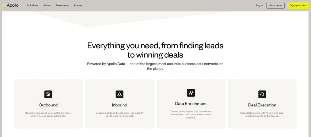 Apollo lead generation tools interface displaying outbound, inbound, data enrichment, and deal execution features.